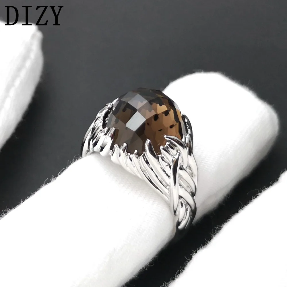 DIZY круглая доска 7.8Ct кольцо с дымчатым кварцем 925 пробы Серебряное кольцо с драгоценным камнем для женщин подарок Свадебные ювелирные изделия, обручальное кольцо