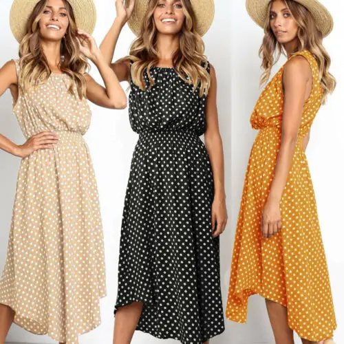 

2019 Boho Women Summer Holiday Polka Dot Midi Dress Sleeveless Long Shirt Dress Size