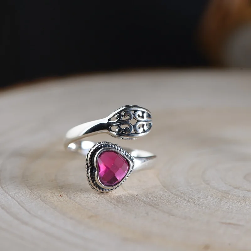 

FNJ 925 Silver Heart Ring Rose Red Zircon New Fashion S925 Sterling Silver Rings for Women Jewelry Adjustable Size 6
