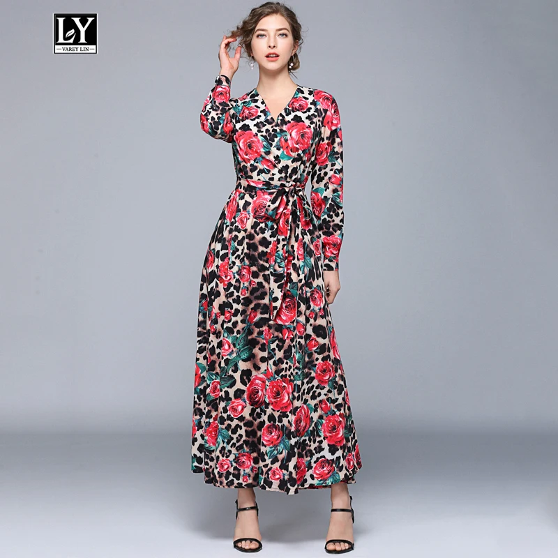 

Ly Varey Lin Women Long Dress Leopard Print Sash Tie Up V Neck Long Sleeve Vintage Dress Female Elegant Ankle-length Dress