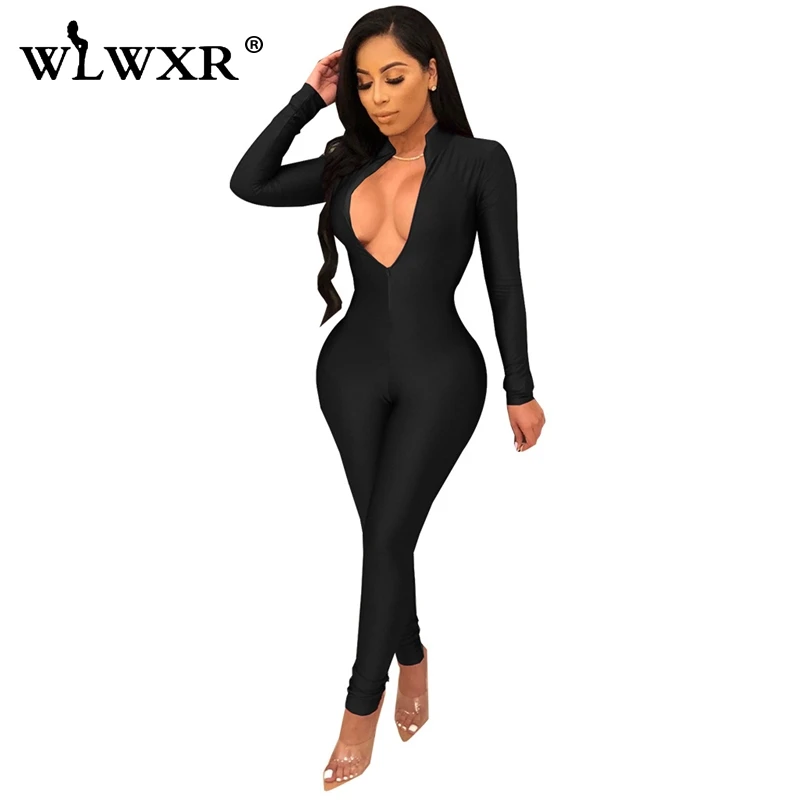 WLWXR, уличная одежда, сексуальный облегающий женский комбинезон,, комбинезон с длинным рукавом, на молнии, v-образный вырез, обтягивающие летние комбинезоны, женский комбинезон - Цвет: Черный
