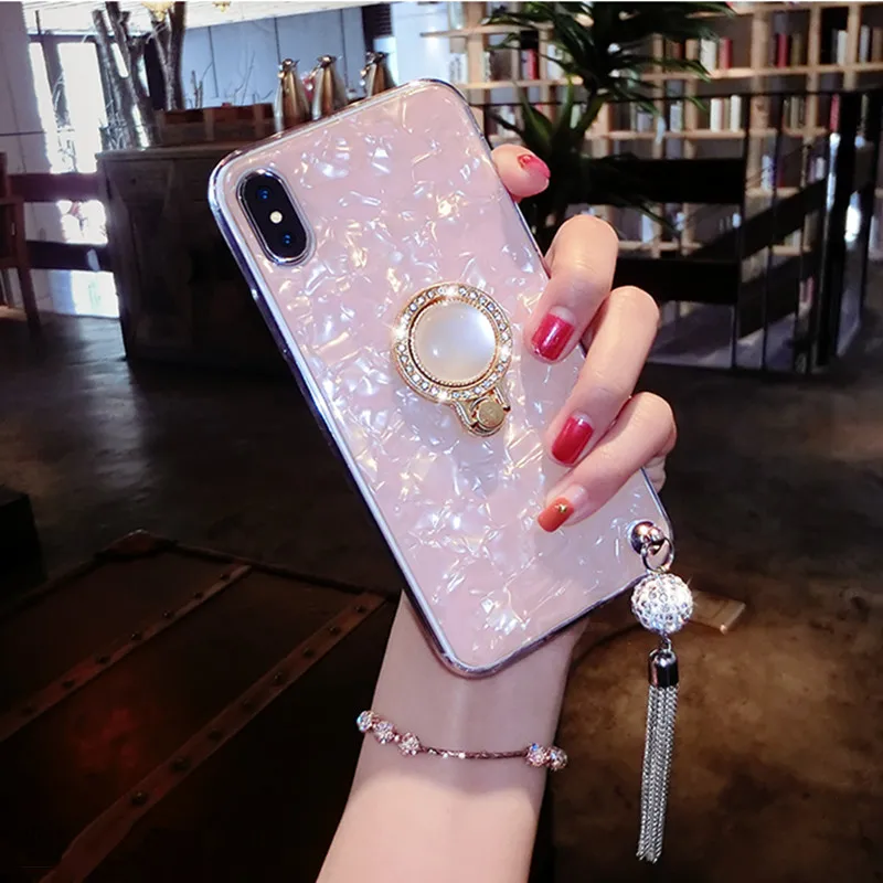 

Conch Shell Marble Phone Case For OPPO Reno R19 R15 R15X K1 K3 A7 A5 A3 A3S F7 F9 A83 Bling Diamond Soft Ring Holder Cover Coque