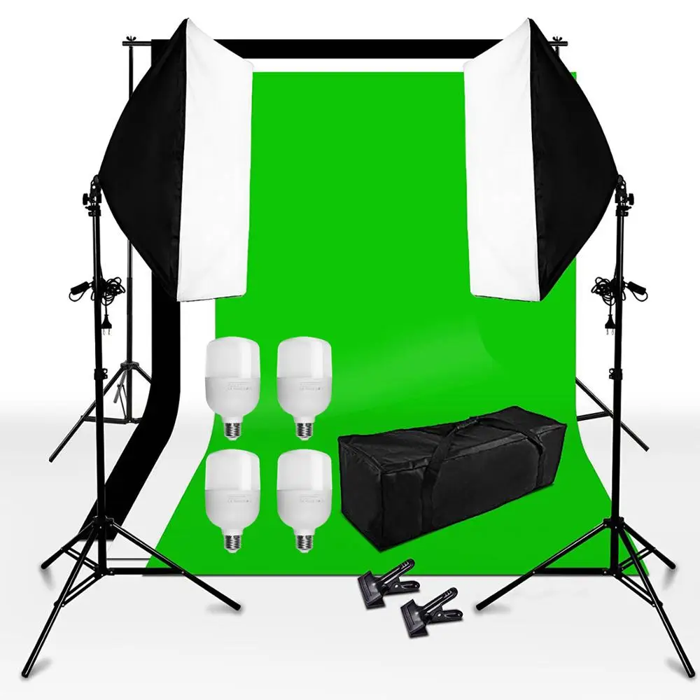 

ZUOCHEN Studio Lighting Kit Softbox Kit Background Set 2 Softbox +3 Backdrops+6.5*6.5ft Backdrop Suppport Kit+4*25W LED BULB
