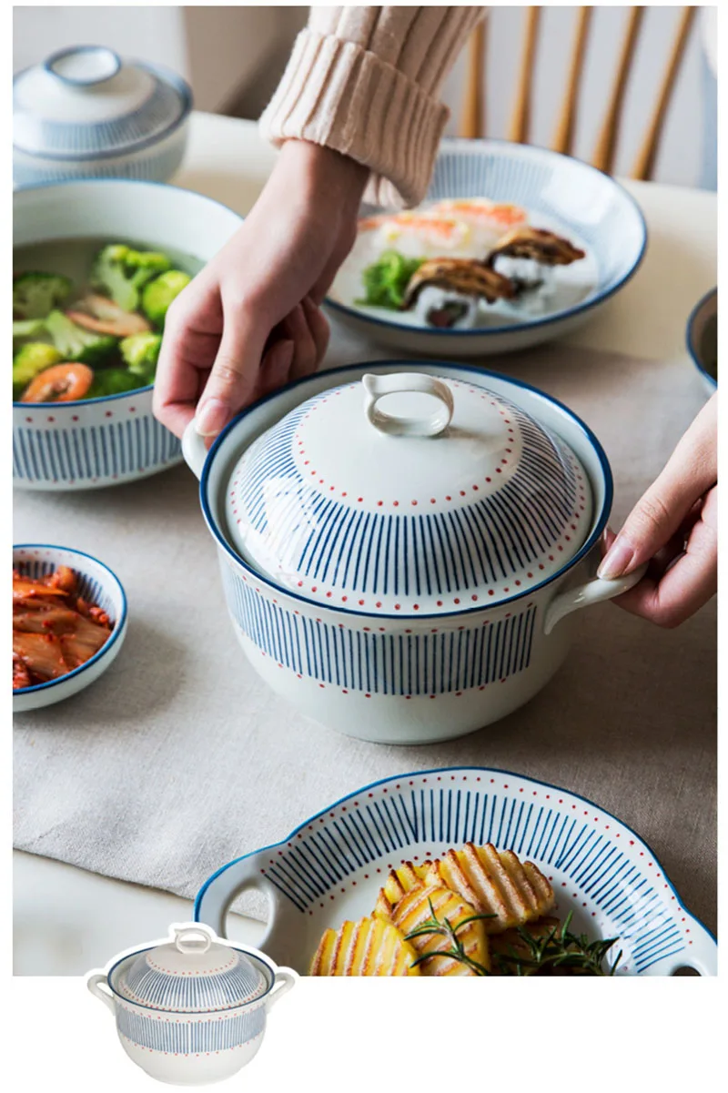 Японская подглазурная Цветная Керамическая Посуда домашняя обеденная тарелка с ручкой Procelain блюдо чаши для риса и супа горшок чашка ложка набор
