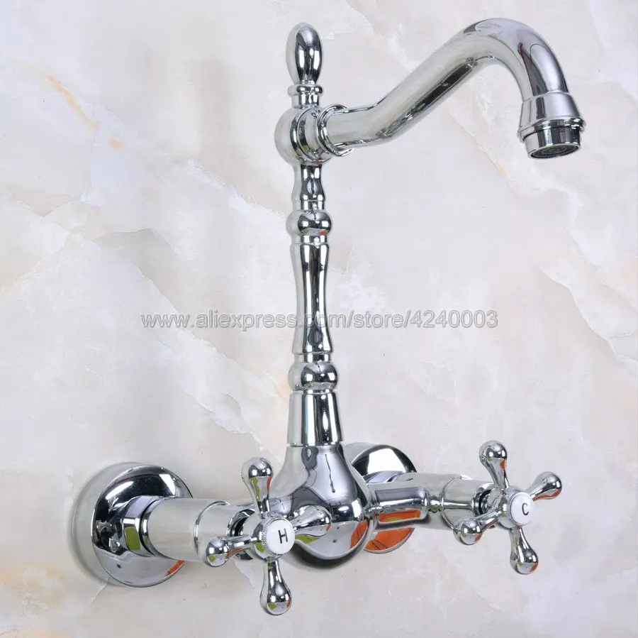 

Basin Faucets Chrome Brass Wall Mounted Kitchen Bathroom Sink Faucet Dual Handle Swivel Spout Hot Cold Water Mixer Tap Kna969