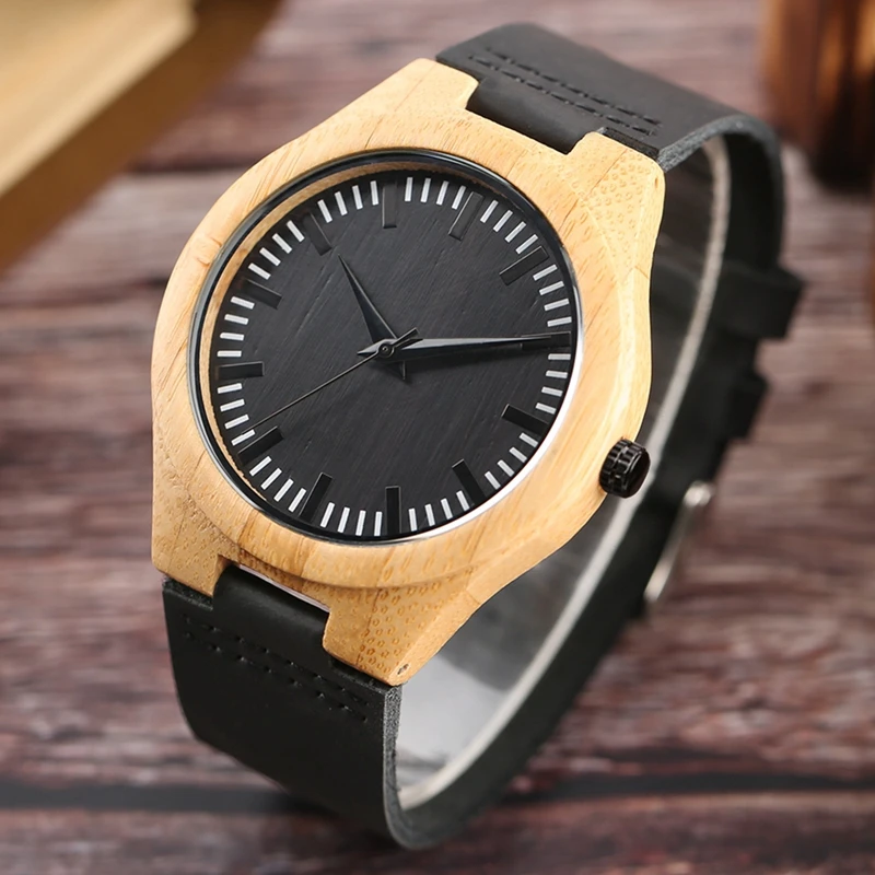 Simple Wooden Watches Men Women Black Genuine Leat