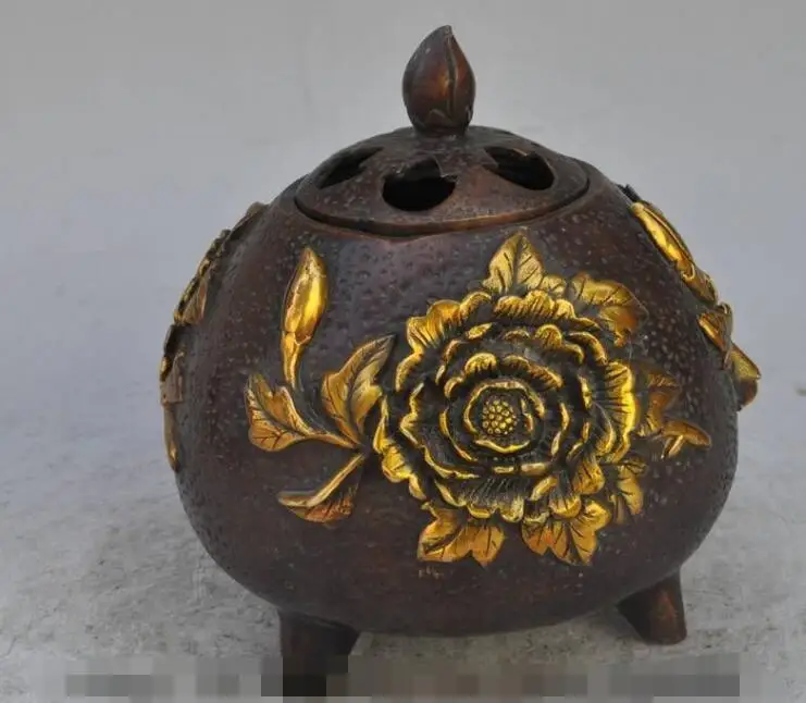 

S1874 6" chinese bronze gilt flower lucky rich auspicious statue Incense Burner Censer