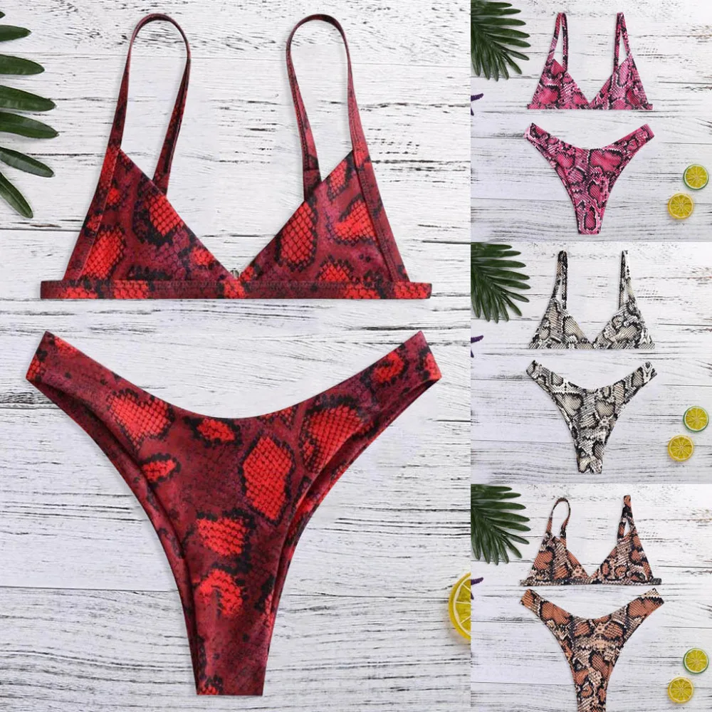 

Fantastic Women Swimwear Snake Skin High Cut V Neck Two Pieces Bikini Swimwear Swimsuit Beachwear Stylish Women's Swimming Suit