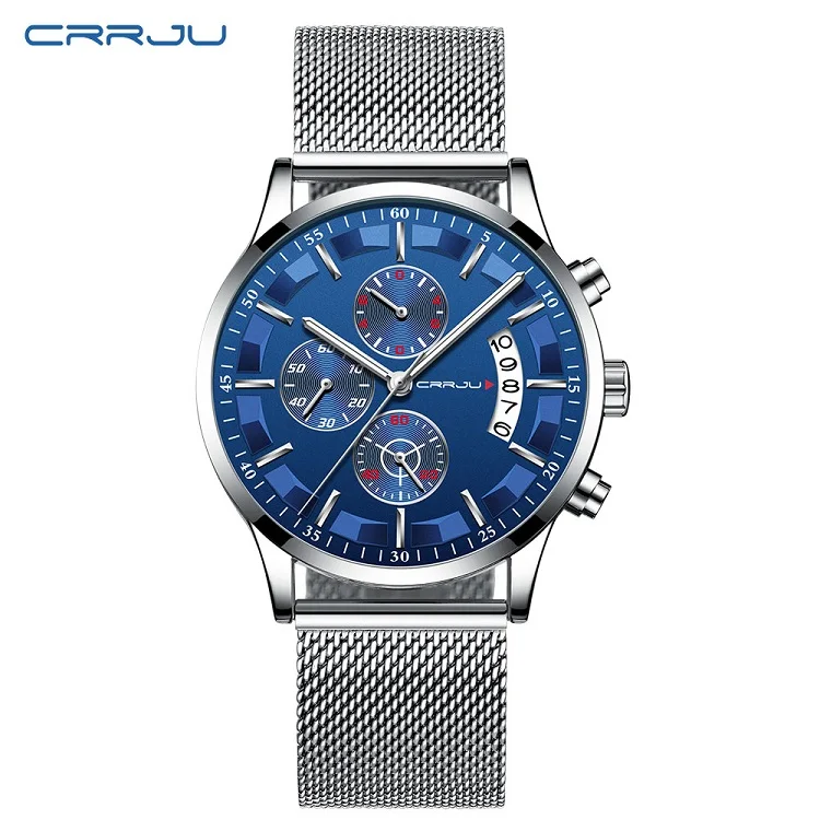 Новая мода CRRJU Топ Бренд роскошные часы для мужчин бизнес повседневное нержавеющая сталь хронограф кварцевые наручные часы relojes hombre - Цвет: mesh silver blue