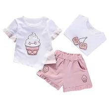 Летние комплекты одежды для девочек; хлопковые топы с рюшами и рисунком мороженого и вишни для маленьких девочек; однотонные штаны; брюки; комплект одежды для маленьких девочек