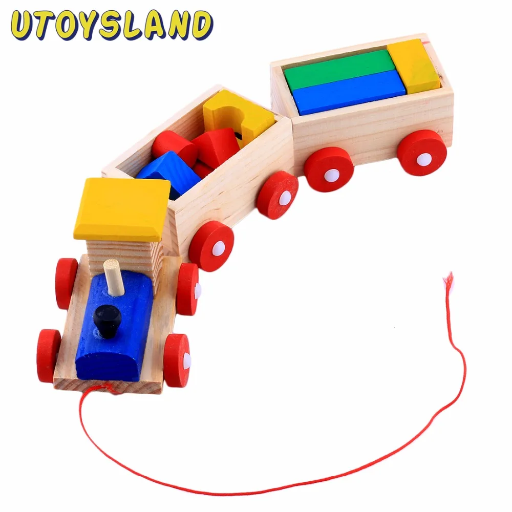 UTOYSLAND Three Section Pull Along Train with Building Wooden Blocks