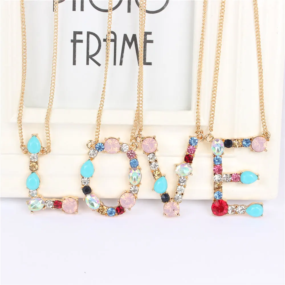 

Gold 26 Alphabet Letter Word Necklace Crystal Multicolor Charm Pendant Chain for Mother Girlfriend Lover Gift