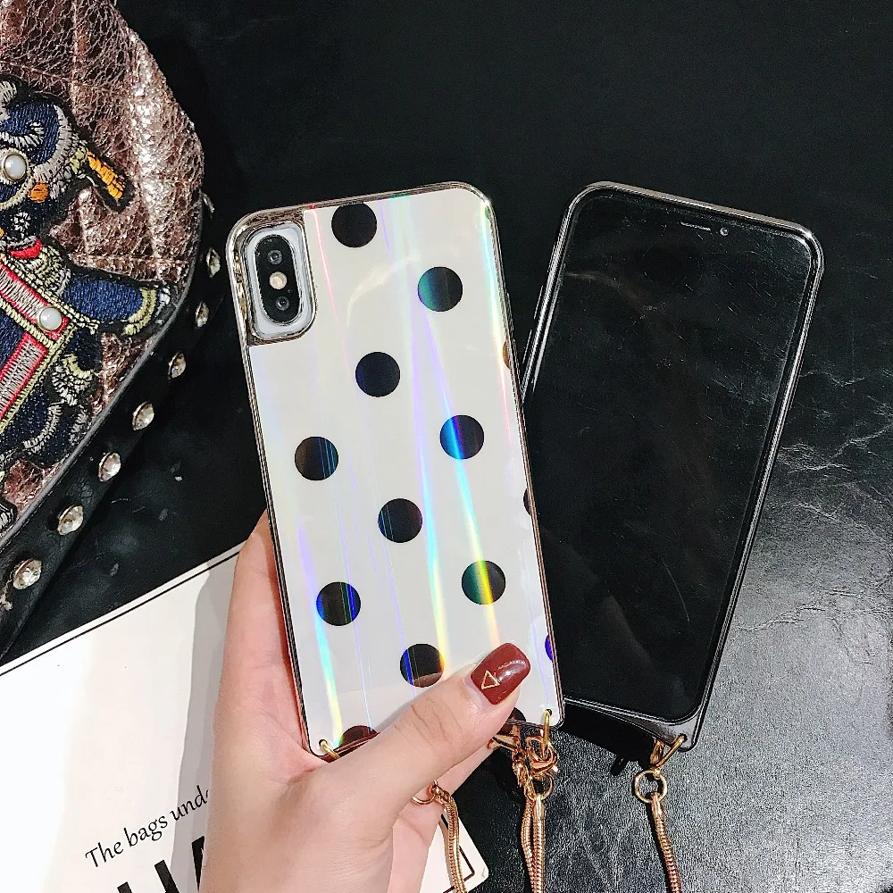 Girly Case For iPhone Xr X Xs Max Cover Korean Aurora Gradient Color Dot Skin Bag Cases For iPhone 7 8 Plus 6S Case + Long Chain (3)
