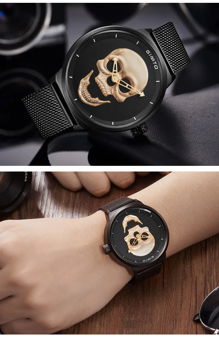 GIMTO крутой череп мужской роскошный бренд часов кварцевые Креативные Часы стальные черные военные женские мужские наручные часы relogio masculino