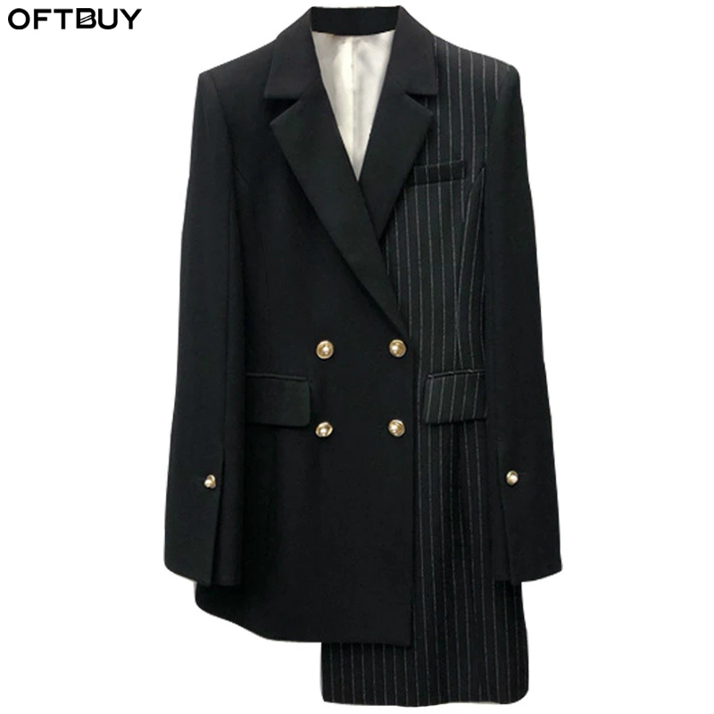 OFTBUY 2019 длинный костюм Блейзер для женщин демисезонный новый полосатый лоскутное
