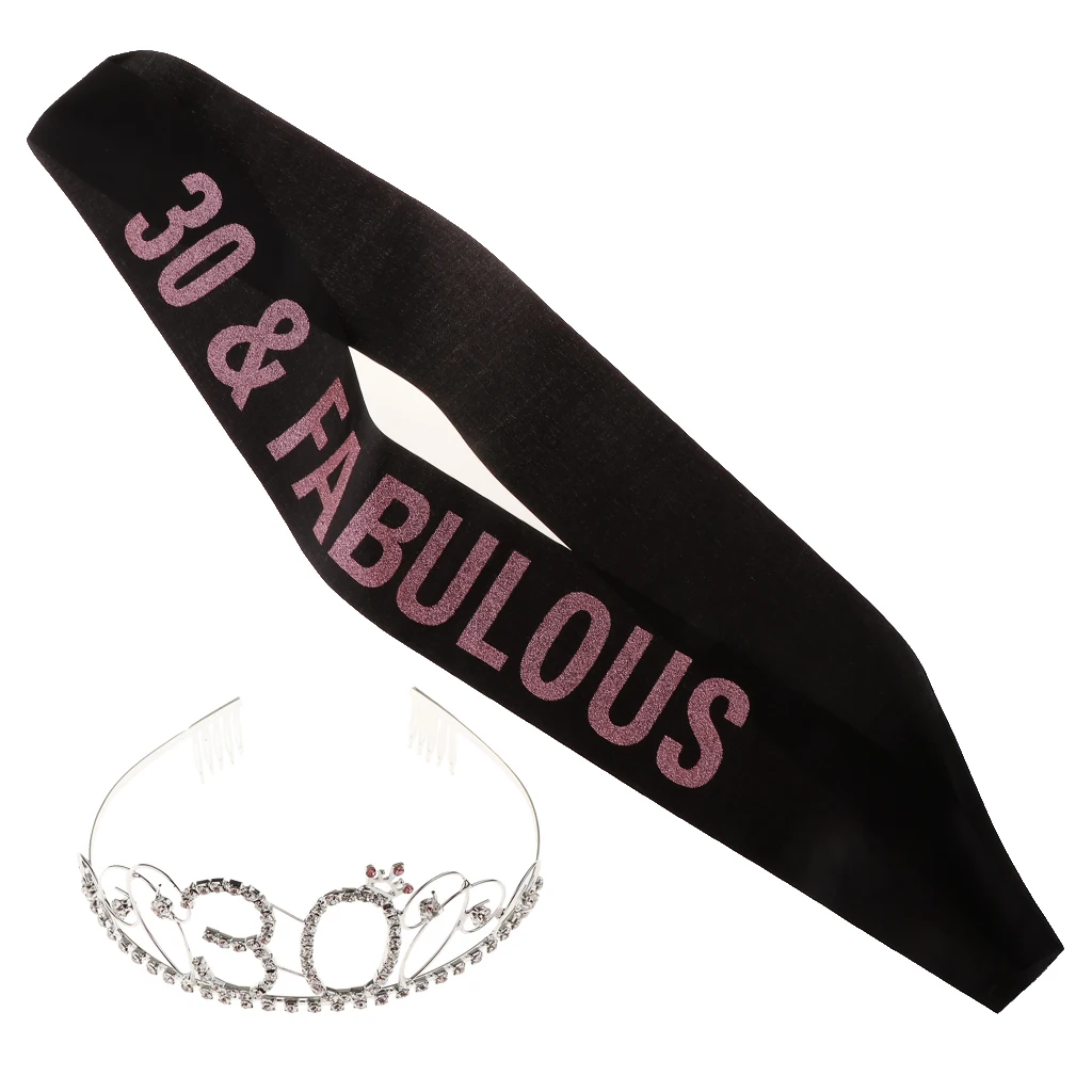 30th Birthday Tiara And Sash Set 30 & Fabulous Glitter Satin Sash Rhinestone Tiara
