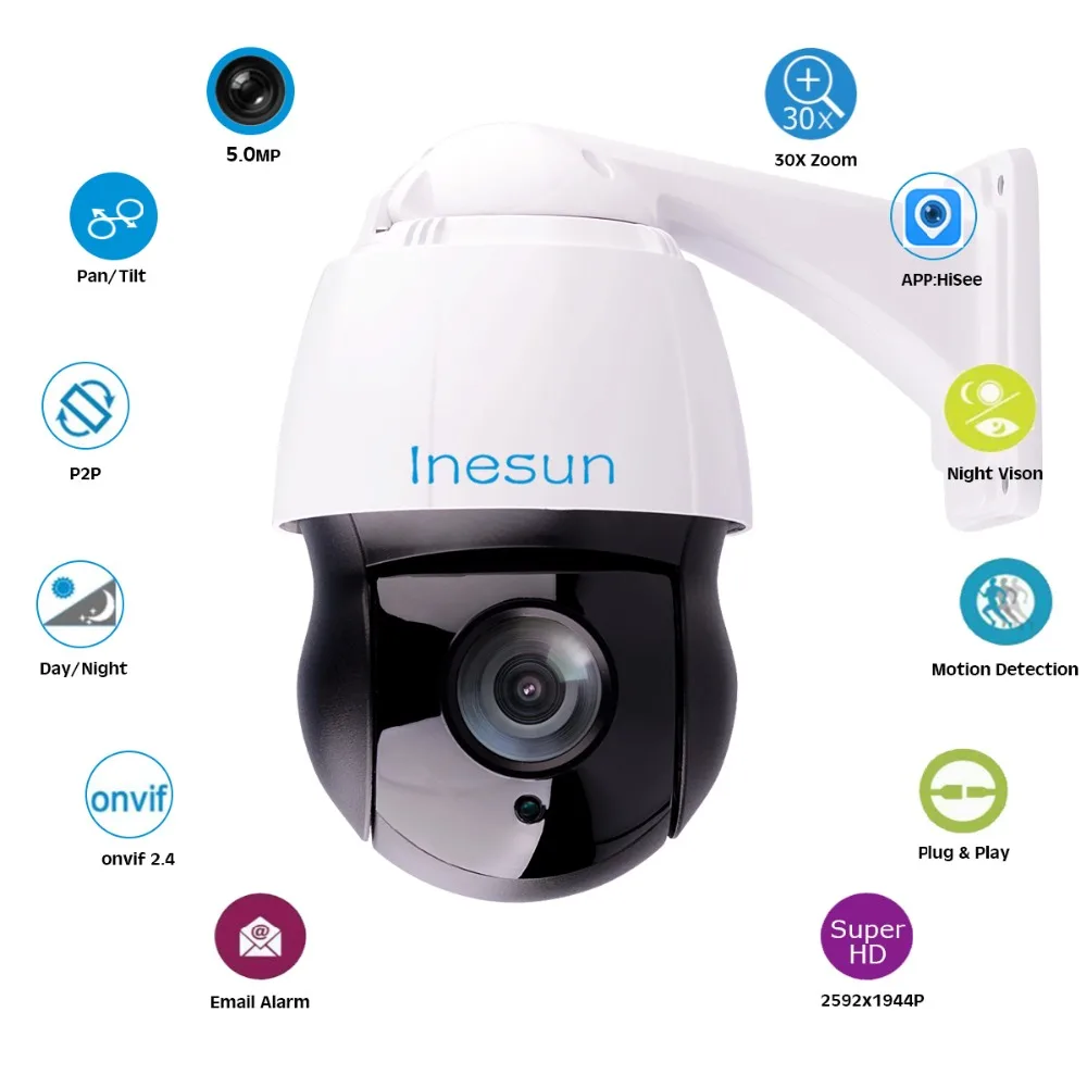  Inesun Outdoor PTZ IP Camera 5MP Super HD 2592x1944P 30x Optical Zoom High Speed Dome PTZ Camera 40