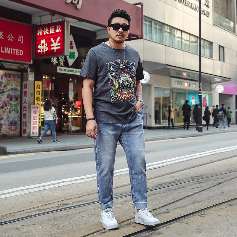 Men's Stretch Harem Denim Pant Light Blue Casual Big Trousers Fashion Ruff Leg Plus Size 30-46 Leisure Quality Men Fit Jeans