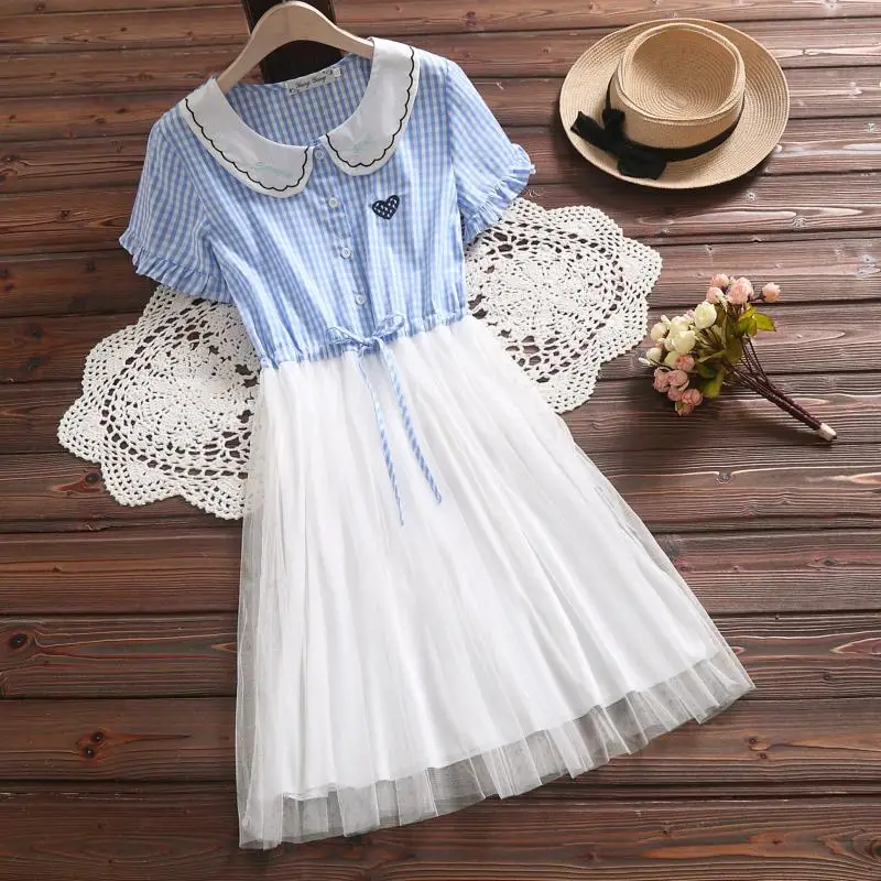 Японский стиль Mori girl летнее платье новые женские сшитые с коротким рукавом сетчатые Лоскутные Платья женские Kawaii Vestidos - Цвет: Синий