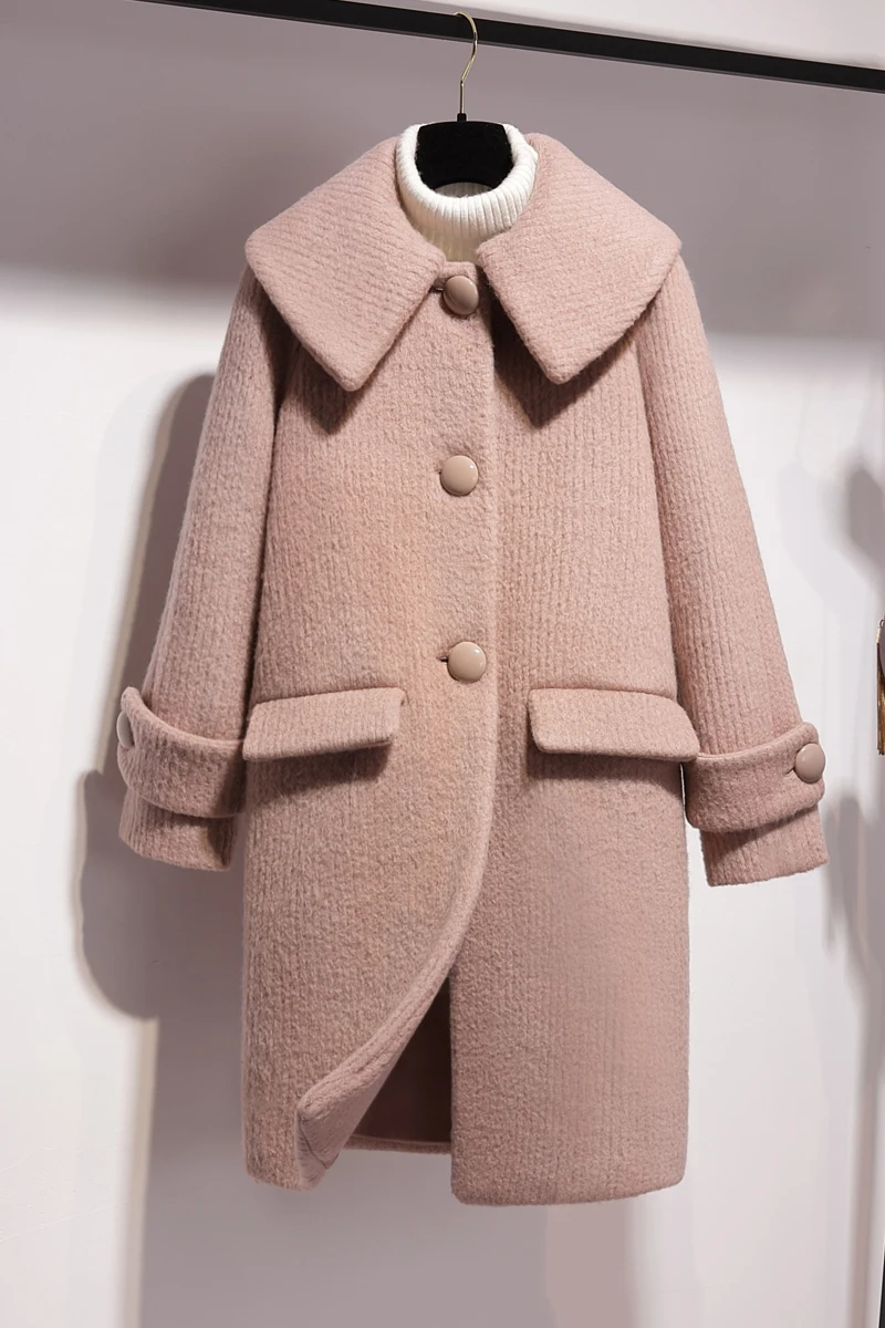 Зима года, новое корейское шерстяное пальто с отложным воротником, длинное милое шерстяное пальто, однобортное корейское пальто с широкой талией, модное розовое