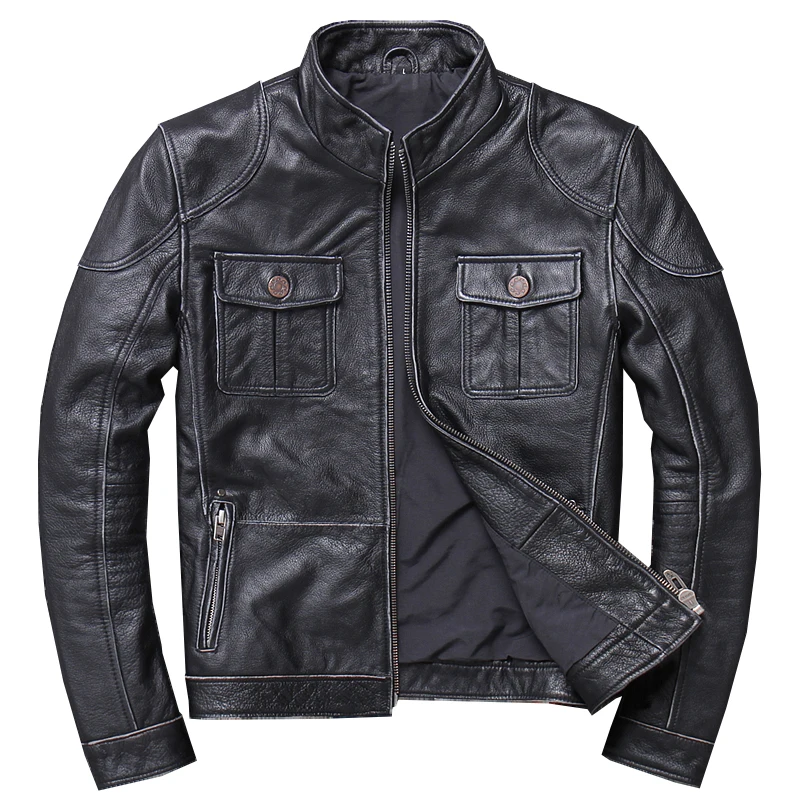 

2019 Vintage Black Men Slim Fit Leather Jacket Plus Size XXXL Stand Collar Genuine Cowhide Spring Natural Coat FREE SHIPPING