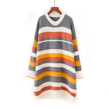 

HSA Autumn Winter Harajuku Loose Striped Pull Sweater Women Korean Long Rainbow Sweater Jumpers Loose Knit Pullovers 2018 Tops