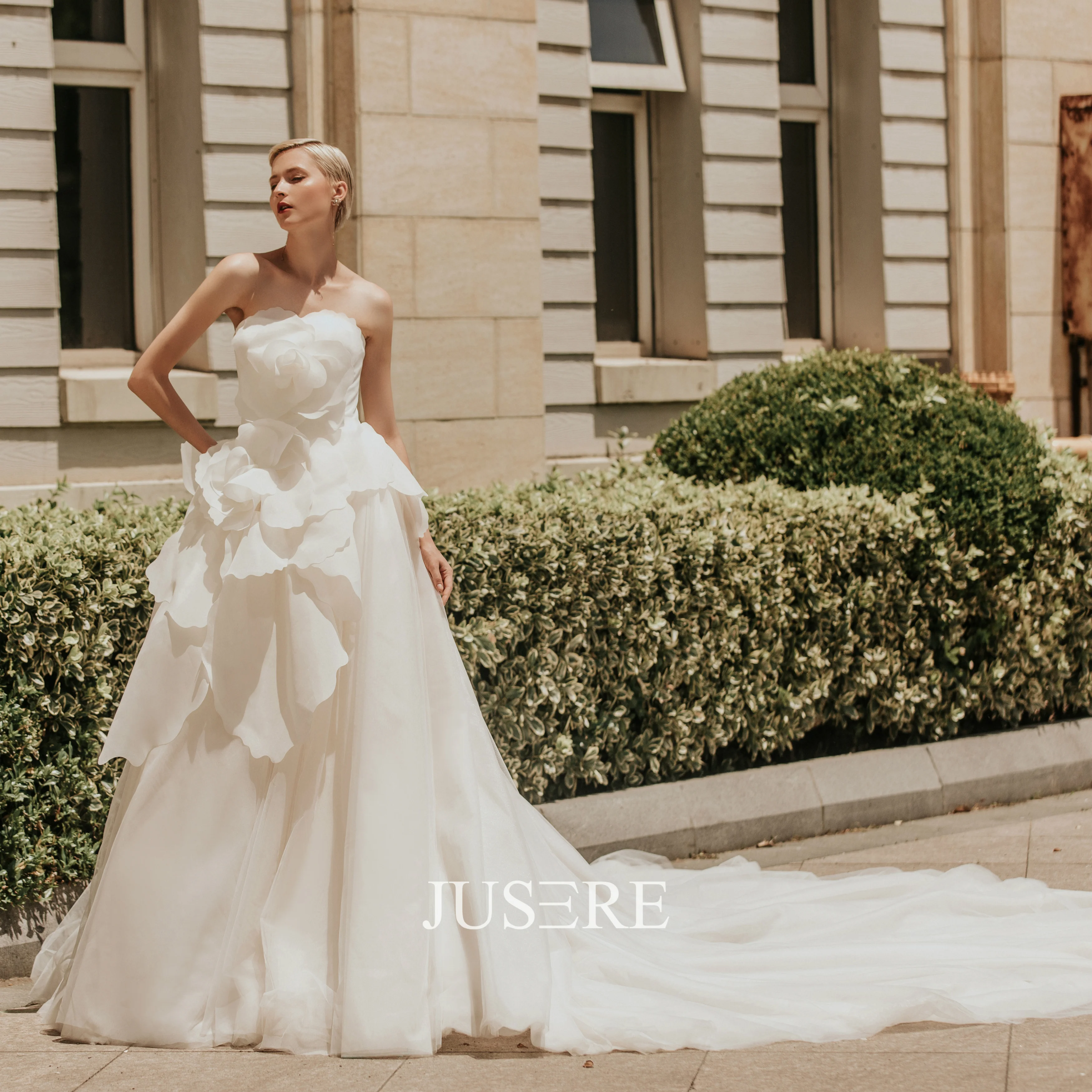 

Jusere Real Photos 2019 Off Shoulder 3D Flower Decoration A line Wedding Dress Off Shoulder Bridal Dresses Custom made
