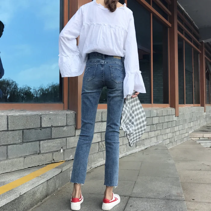 Джинсы женские новые поцарапанные молнии карманы шикарные узкие брюки женские узкие мягкие студенты корейский стиль высокое качество