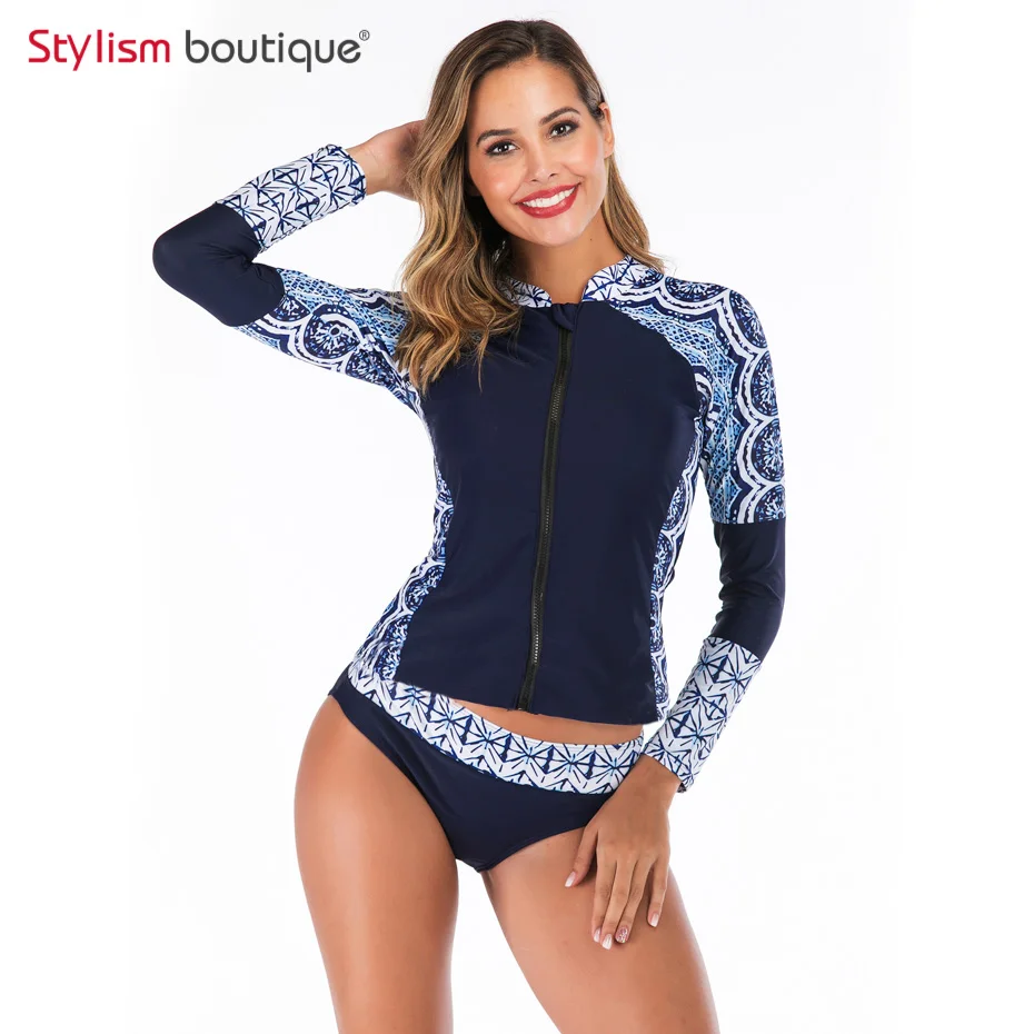 New Rashguard Padded Long Sleeve Swimsuit Surfing Rash Guard Women Two Piece Swimwear Separate Tankini Sport Bathing Suit