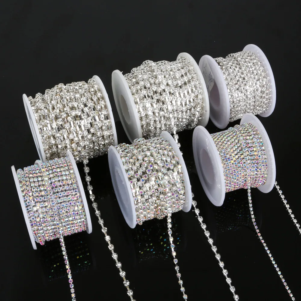 

10 Yards Clear/White AB Crystal SS6(2mm)-SS18(4.5mm) silver base Apparel Sewing style DIY beauty accessories rhinestone chain