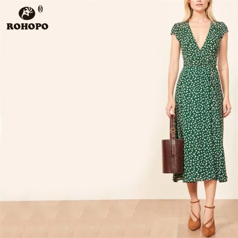 

ROHOPO Tiny Printed Floral Tunic Vintage Midi Dress Belted V Collar Slim Body Pleated Slit Side Maxi Multiways Vestido #YY019H