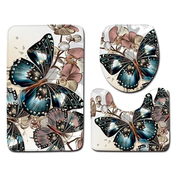 

3PCS Bathroom Mat Sets Non Slip Floor Mat Classical Butterfly Pattern Toilet Mat and Bath Rugs