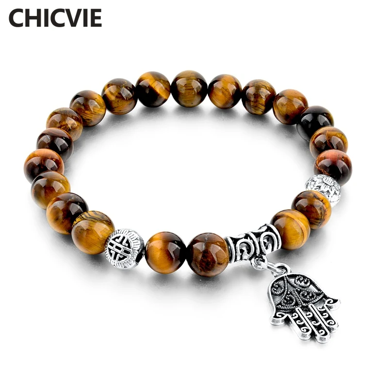 CHICVIE винтажные натуральный камень сглаза шарм браслеты для женщин мужчин серебряный цвет Фатима ручной браслет Femme с камнями ювелирные изделия