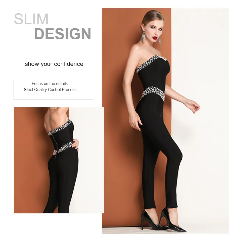 INVOGUE. IMVOGUE New Arrival Elegant Diamonds Design Sexy Off The Shoulder Backless Black Sleeveless Bodycon Tube Jumpsuit