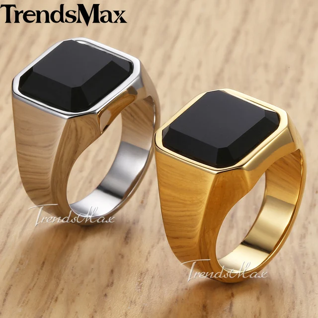 Men's Ring Rock Punk Smooth 316L Stainless Steel Black CZ Silver Gold Color Hip Hop Rings For Men Party Jewelry Wholesale KHRM63