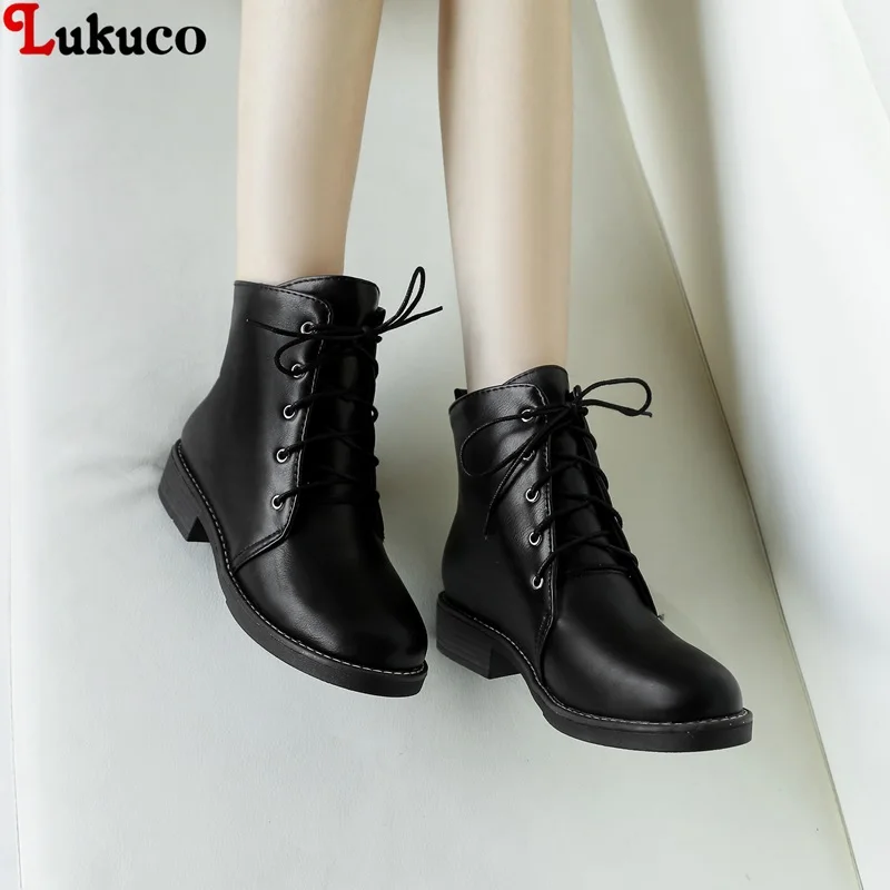 

Lukuco Black Boots EUR Size 38 39 40 41 42 43 Short Plush Round Toe Lace-up Shoes High Quality Free Shipping PU Leather Botas