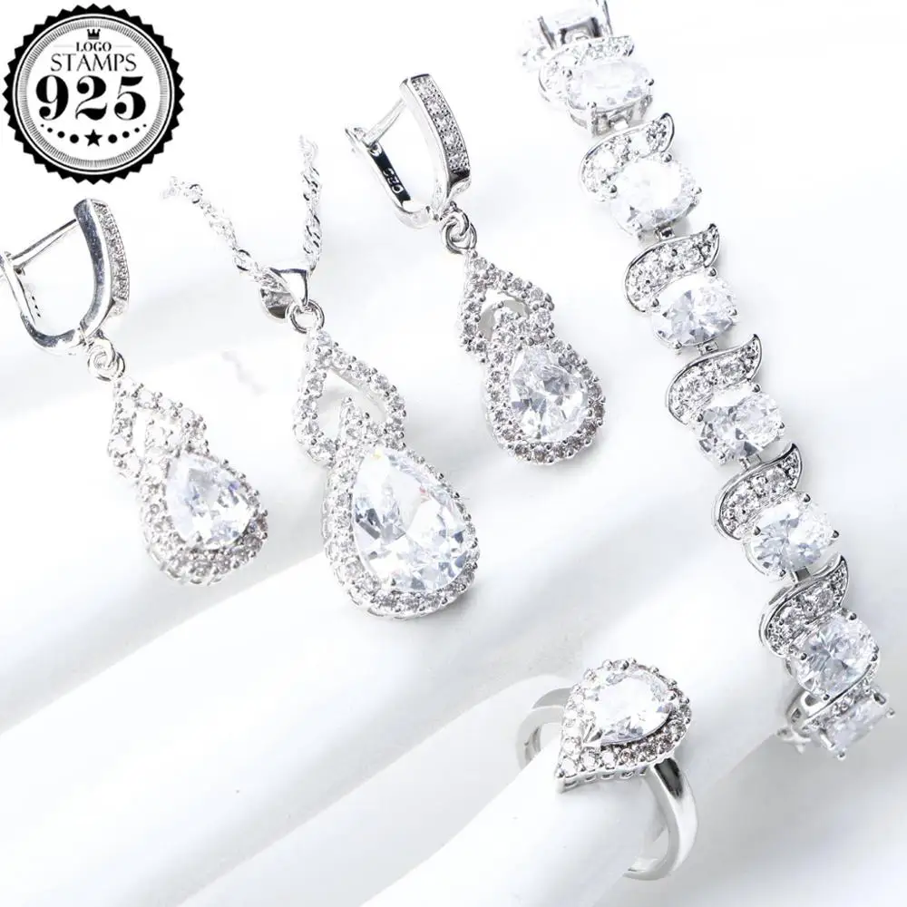 925 пробы серебряные Свадебные Ювелирные наборы для женщин Свадебные камни CZ ювелирные изделия серьги браслет кольца ожерелье набор подарочная коробка - Окраска металла: Посеребренный
