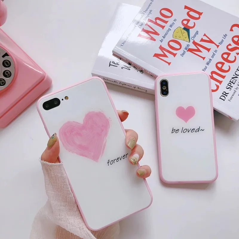 Модный розовый чехол из закаленного стекла серии Love Heart с узором для iPhone XS MAX XR X 10 7