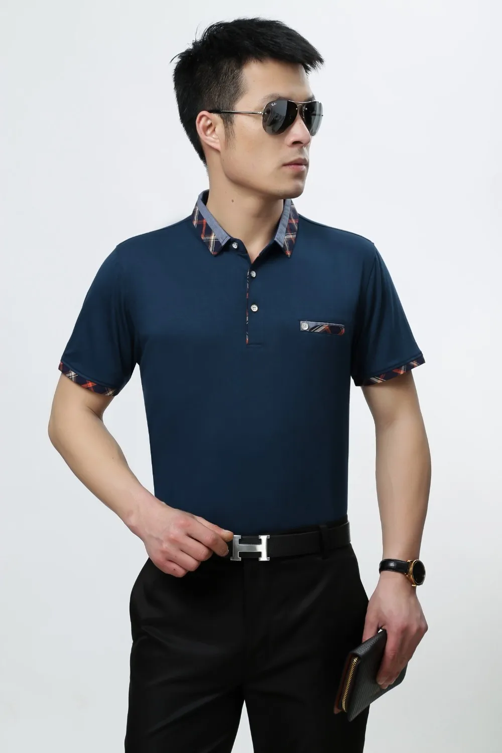 Новая летняя мужская повседневная однотонная шелковая хлопковая рубашка Поло рубашка с коротким рукавом