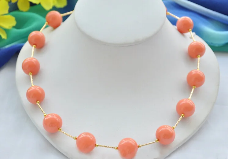 

14mm round coral-pink south sea shell pearl necklace 20inch