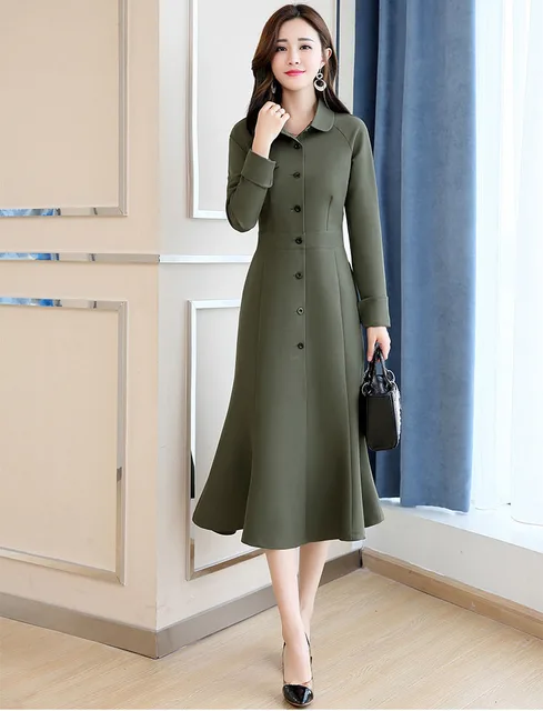 2018 autumn winter new long sleeve A line Mid Calf women dress elegant