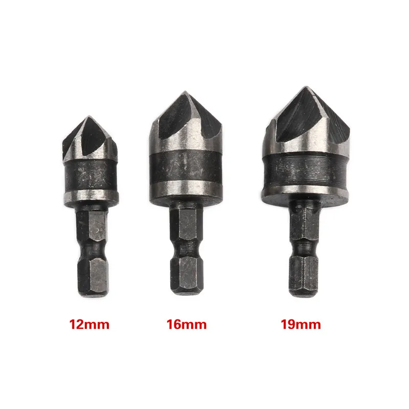 

3Pcs 1/4 Hex Shank Countersink Drill Bit 90 Degree 5 Flute Woodworking Counter Sink Chamfering Debur Tool Set 12/16/19mm