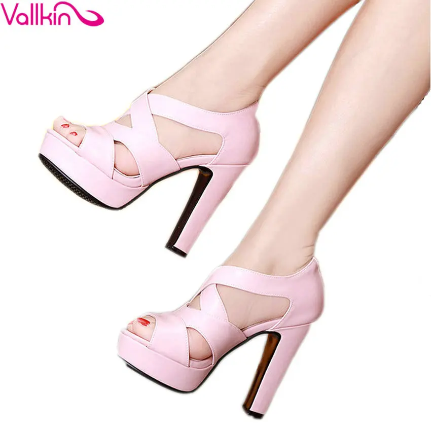 VALLKIN 2017 Sexy Peep Toe White Gladiator Summer Women Shoes Thick High Heel Woman Pumps Zipper Wedding /party Shoes Size 34-43