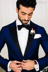 Синий Костюмы мужские Slim Fit плиссированным воротником смокинг для жениха Мужские Нарядные Костюмы для свадьбы (куртка + брюки + галстук)