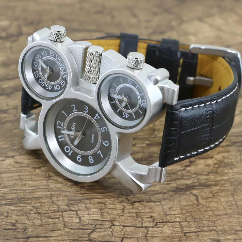  Top Brand Luxury Mens Watches Men's Military Watch 3 Time Zone Waterproof Men Clock Leather Quartz 