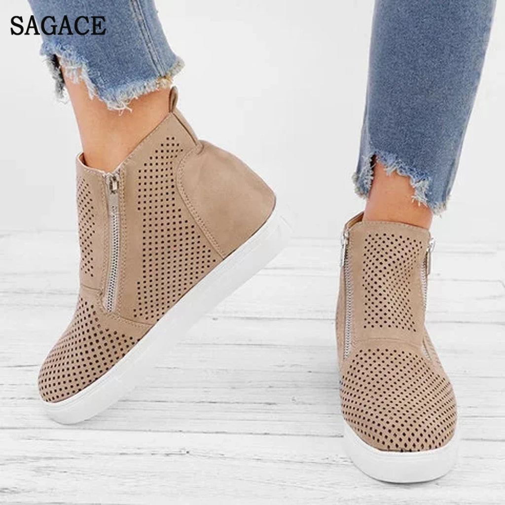 

SAGACE Roman Cool Boot Women Hollow Wedges Vulcanized Shoes With Zipper Retro Ladies Casual Breathable Thick Bottom Shoes