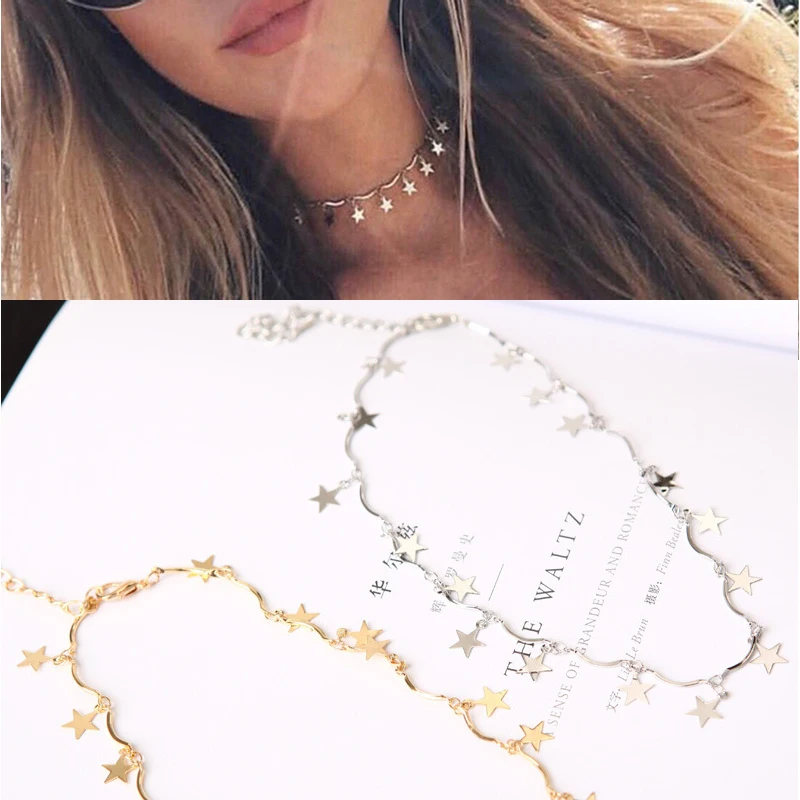 

Girls Star Pendant Wave Necklaces Clavicle Chain Golden Silver Chokers High Quality Fashion Dainty Simplicity Collar Beauty Gift