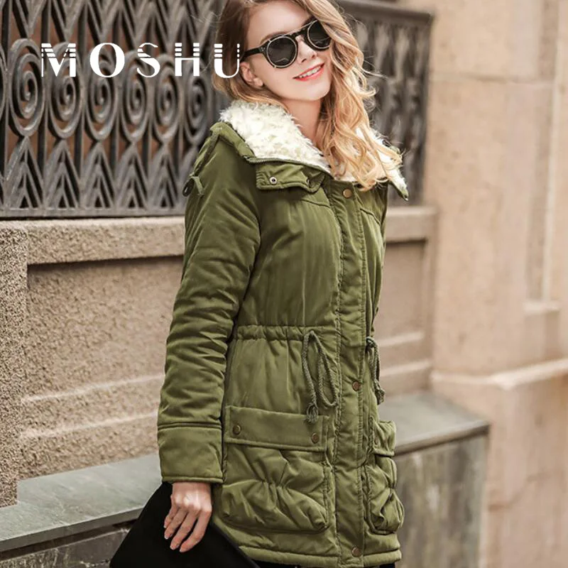 

Women Winter Jackets Parka Female Coat Thickening Cotton Winter Jacket Womens Faux Fur Lapel Casaco Feminino Tie Waist Black