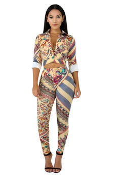 

Sexy open-chest shirt full sleeve short top. Tight calf-length pants. Popular print two-piece womantemperament