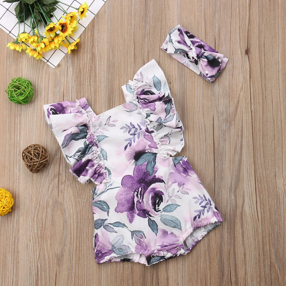 

Newborn Baby Girls Romper Ruffle Floral Fly Sleeve Romper Bodysuit Jumpsuit+headbansd Outfit Clothes